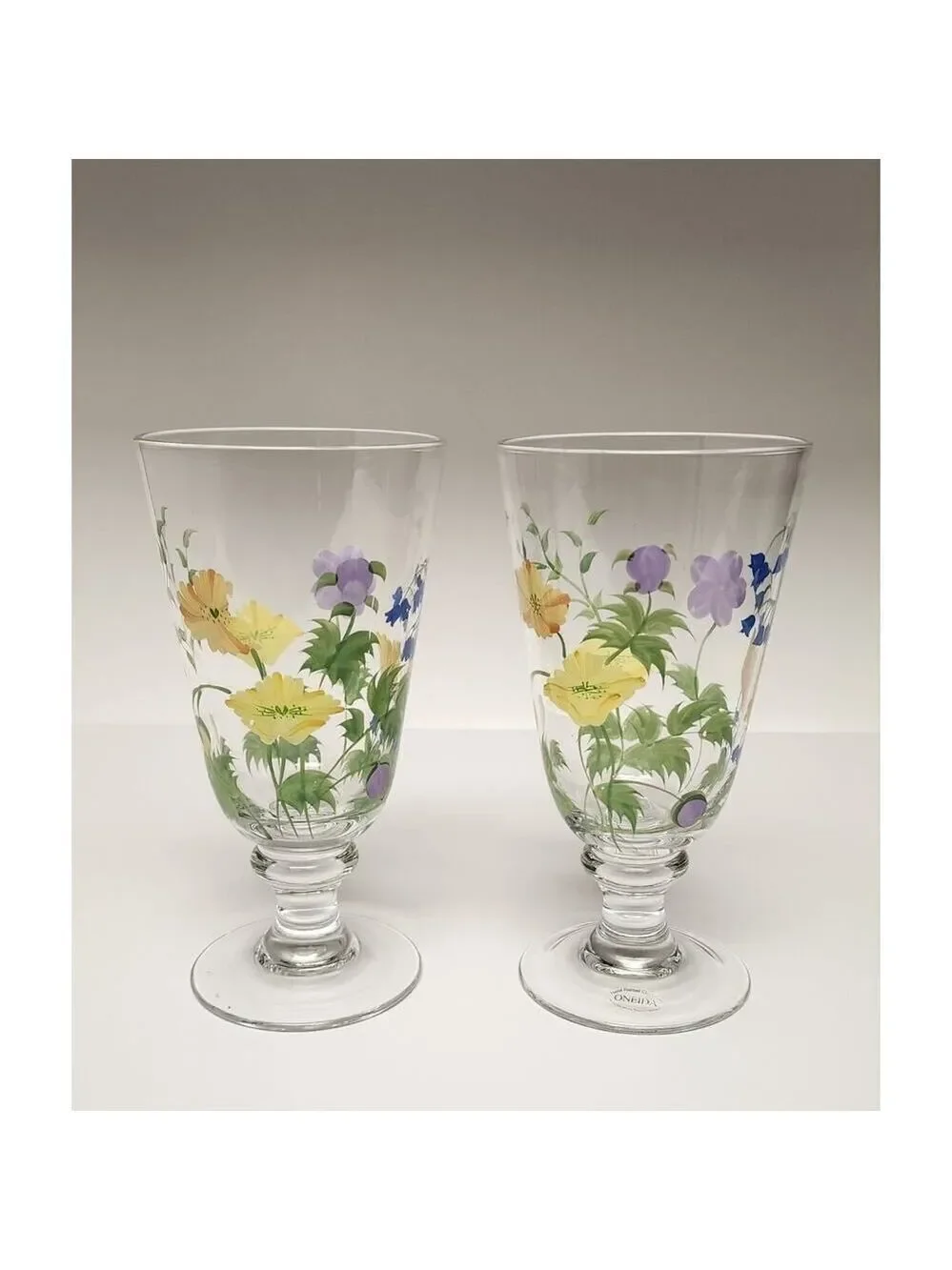 Oneida Glass Drink Goblets Set Of 2 Hand Painted Floral Bloom Drinkware Glasses